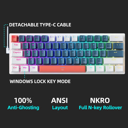 Teclado mecánico K500-B61 60% 61 Teclas Gamming Keybaord Wired Full Key Hot-Swappable RGB Backlit